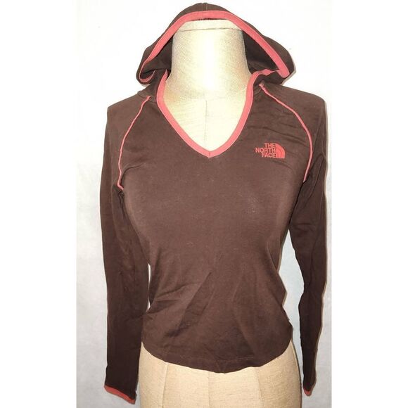 THE NORTH FACE stretchy shirt w hood. Brown w salmon colored trim. Size XS. - Picture 1 of 8